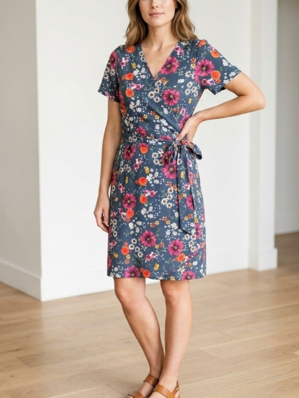 Marine Layer Navy Linen Blend Floral Wrap Dress Wmn's XL